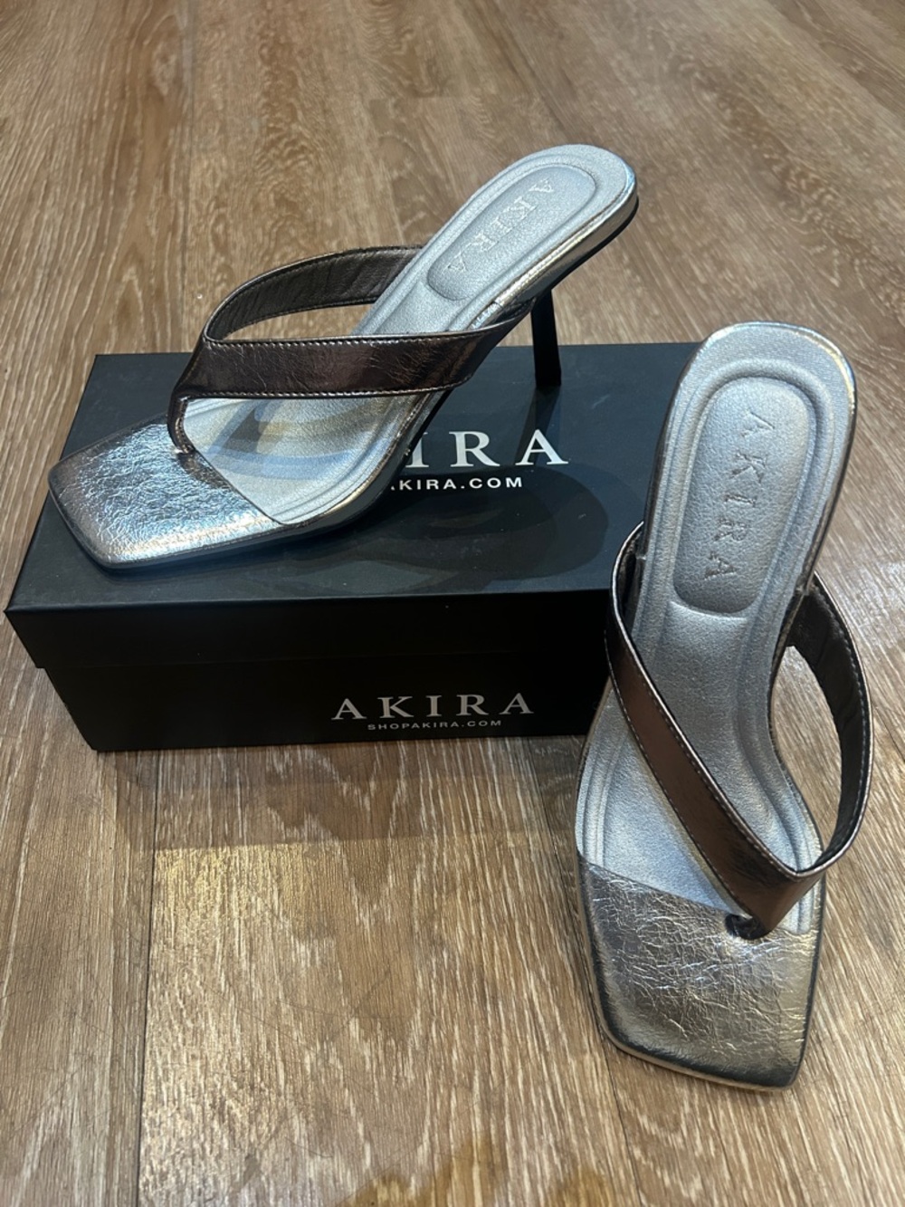 AKIRA Metallic Silver Square-Toe Mules with Brown Straps